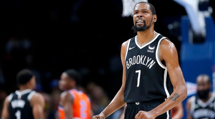 Nets forward Kevin Durant (7) reacts after a play against the Thunder during Brooklyn’s 120-96 win on Nov. 14, 2021, at Paycom Center.
